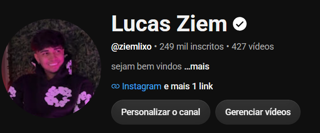Canal @ziemlixo no YouTube com 249 mil inscritos